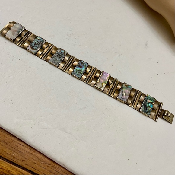Vintage,  1940s  Silver- Abalone Alpaca Mexico Bracelet 8in x 1in - Picture 10 of 11